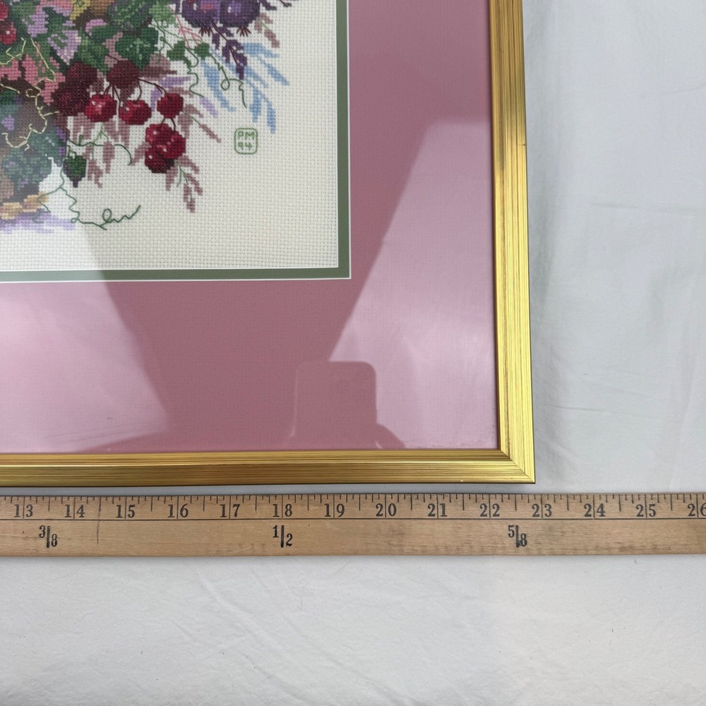 Vintage 1994 Framed Cross Stitch Fruit Basket Floral Embroidery Gold Frame 22.5" - Picture 9 of 11